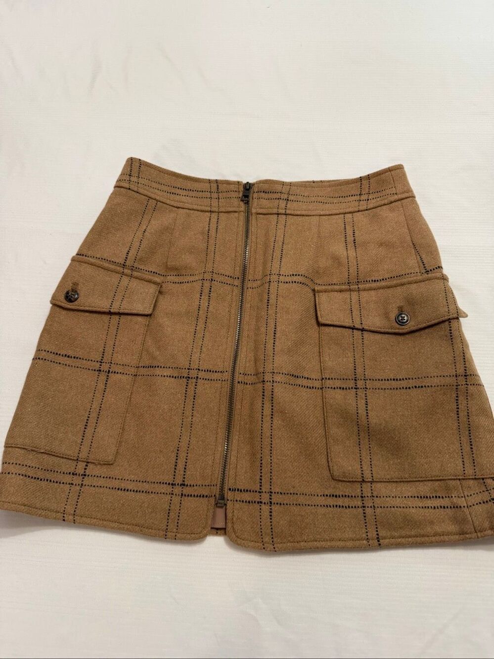 MadewellโZip-Front Wool Blend Mini Skirt Windowpane print Tan Size 4 Pockets